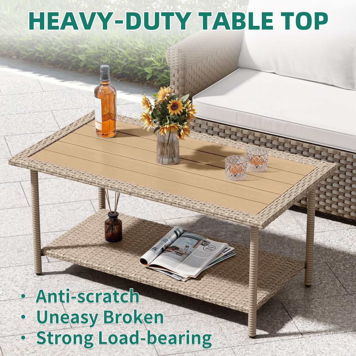 YITAHOME Outdoor Wicker Coffee Table with 2-Layer, 39.4" Rectangle Outside Side Table with Faux Wood Top, All-Weather Rattan Patio Bistro Table for Garden Backyard Porch - Brown YITAHOME