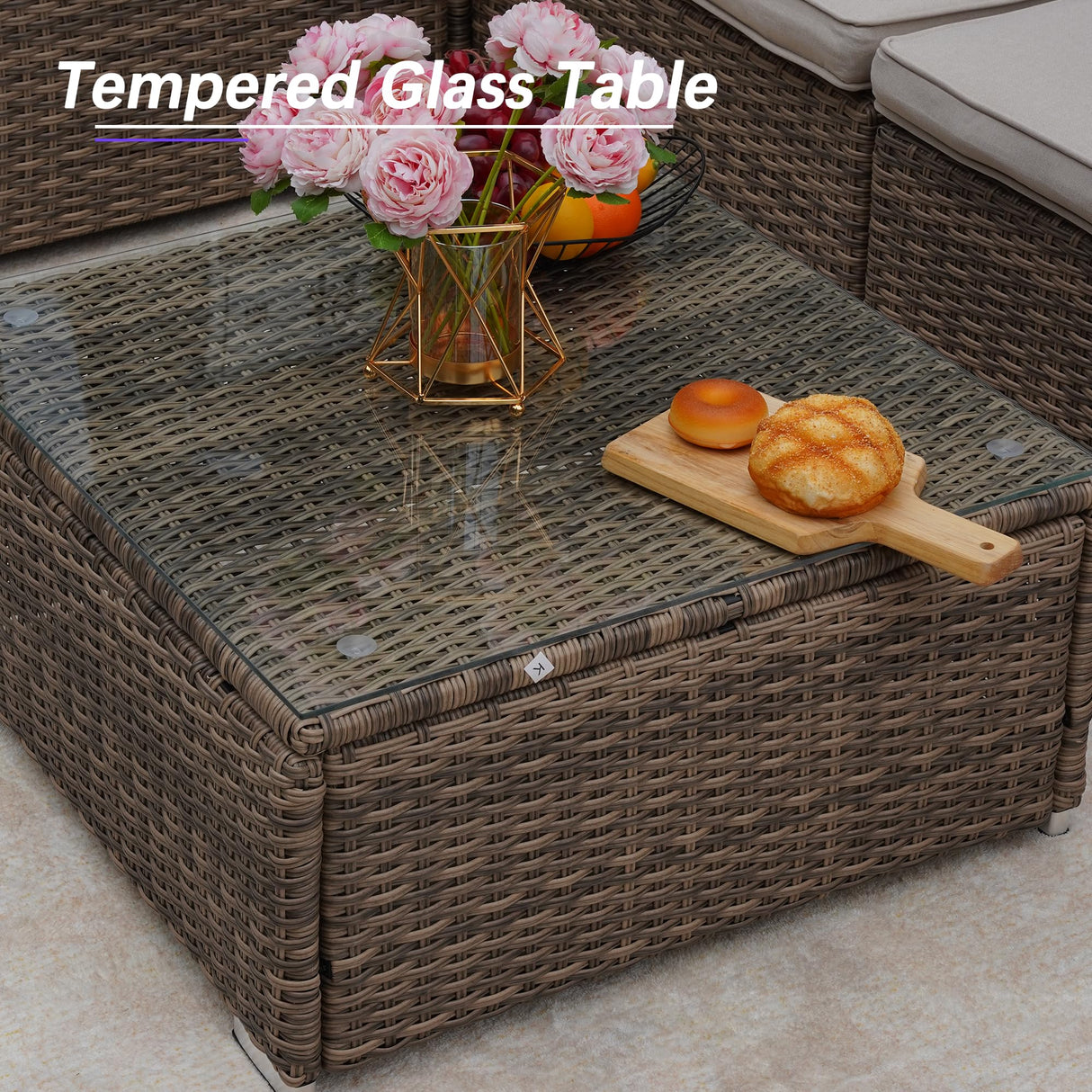 7 Piece Patio Furniture Set, Outdoor Couch Set—All-Weather Outdoor Furniture Sectional w Water Resistant Thick Cushions, Patio Sofa Set w 2 Extra Pillows and Coffee Table (Beige & Brown, 7PCS) Naga Bahna