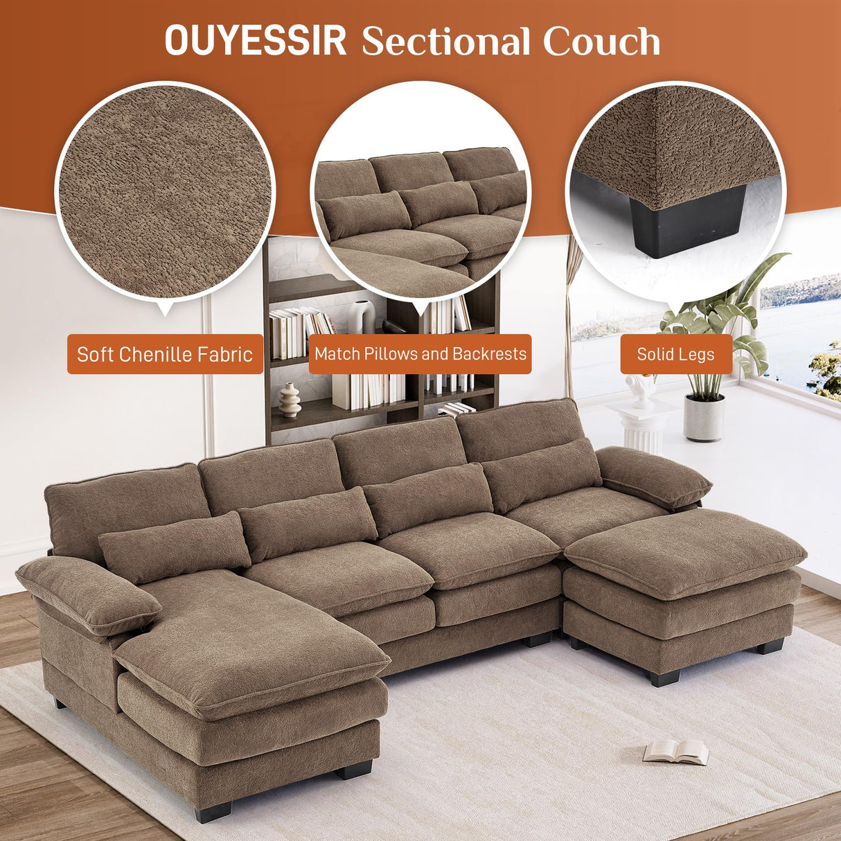 OUYESSIR 114" U Shape Sectional Sofa Cloud Couch for Living Room, Upholstery Comfy Modular Sofa, 4 Seat Chenille L-Shaped Sleeper Sofa with Chaise Lounge, Ottoman & Pillows,Brown OUYESSIR