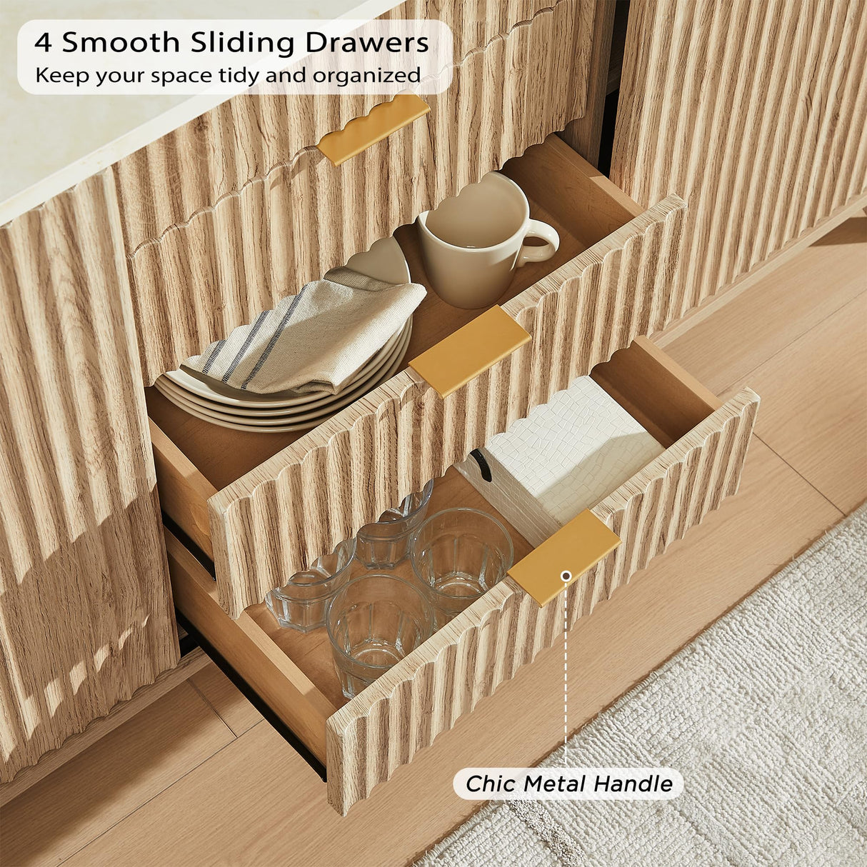 T4TREAM Fluted Buffet Cabinet, 60" Modern Sideboard with Sliding Doors & 4 Drawers, Coffee Bar Table with Storage, Faux Marble Top and Curved Profile Design for Dining Room, Living Room, Natural Oak T4TREAM