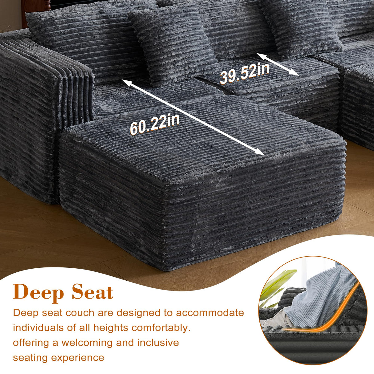 110 Corduroy Modular Sectional Boneless Sofa with 2 Ottomans, Convertible Cloud Couch with Deep Seats, Fluffy Memory Foam U Shaped Couch for Living Room, No Assembly Required, Black (Gray) Garaneeds