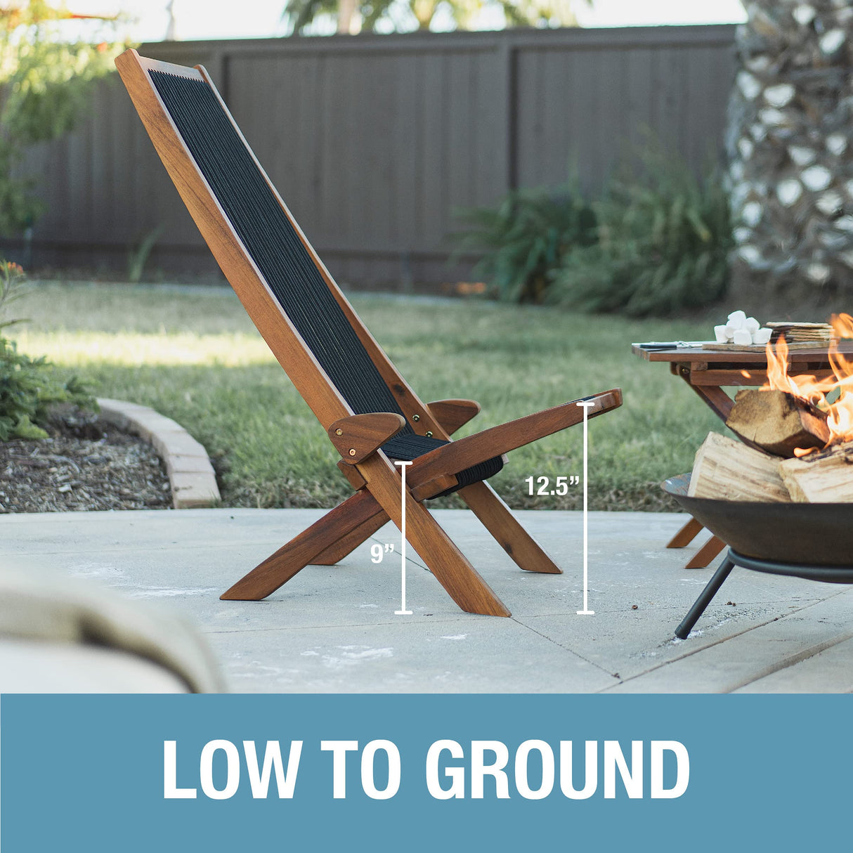 CleverMade Tamarack Folding Rope Chair - Foldable Outdoor Low Profile Wood Lounge Chair for the Patio, Backyard, and Deck, No Assembly Required CleverMade