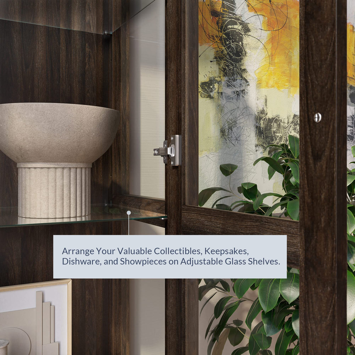 BELLEZE Storage Cabinet, Tall Bookshelf or Display Cabinet for Living Room Bedroom, Curio Cabinet with Tempered Glass Doors, Trophy Display Case, Storage/Organization - Avalon (Dark Walnut) BELLEZE