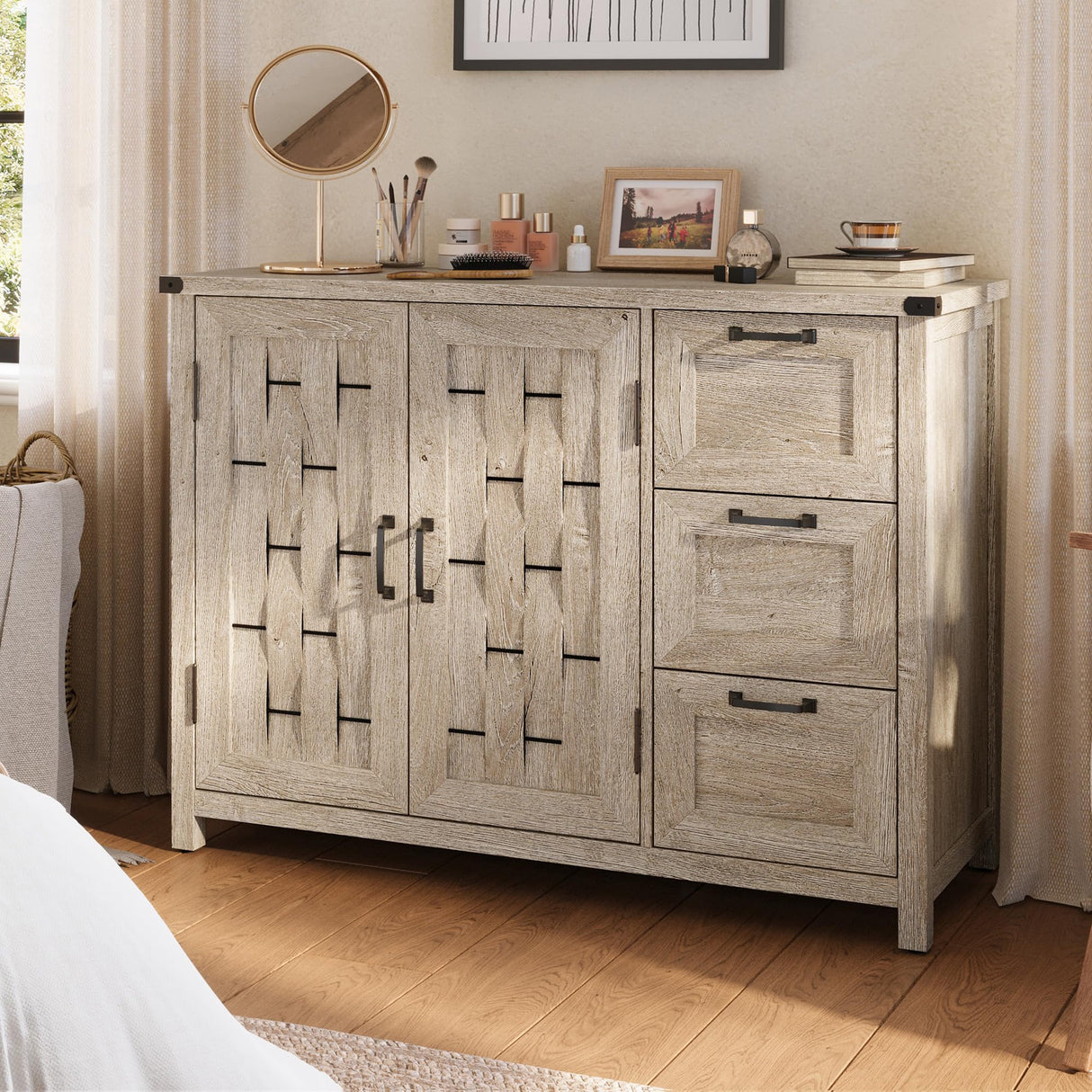 LINSY HOME Farmhouse Sideboard Buffet Cabinets, 43" W Coffee Bar Storage Cabinets with 3 Drawers and 2 Doors, Rustic Accent Cabinet for Dining Room, Kitchen, Home Bar and Living Room, Light Gray LINSY HOME