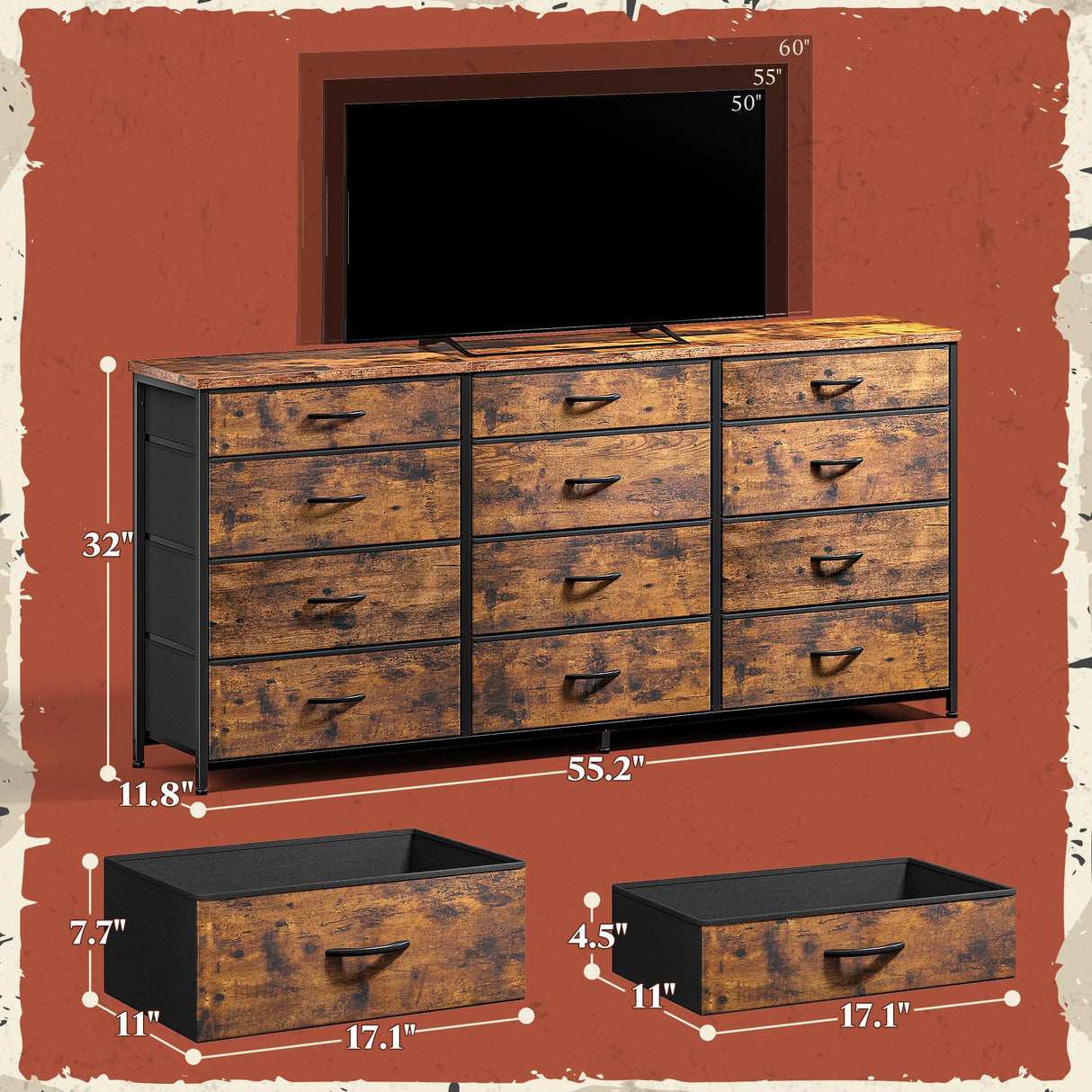 Romorgniz 55" Dresser for Bedroom with 12 Fabric Drawers, Entertainment Center for 60 inch TV Dressers & Chests of Drawers Large Organizer, Living Room, Metal Frame, Wood Top, Rustic Brown Romorgniz