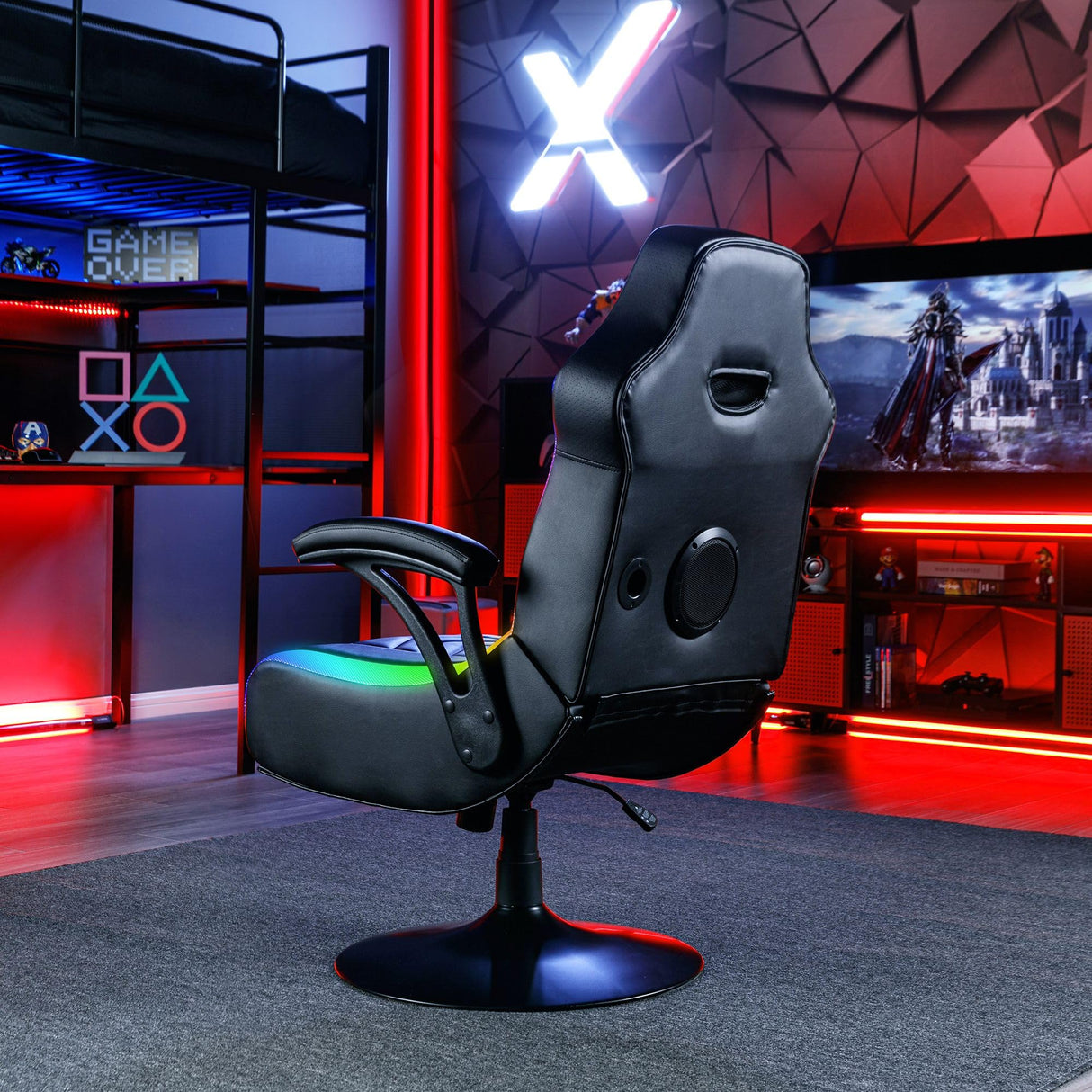 X Rocker Prism RGB LED Lounging Video Gaming Pedestal Chair with Armrests, Wireless Bluetooth Audio, Foldable, Vegan Leather, Amazon Exclusive, Black X Rocker