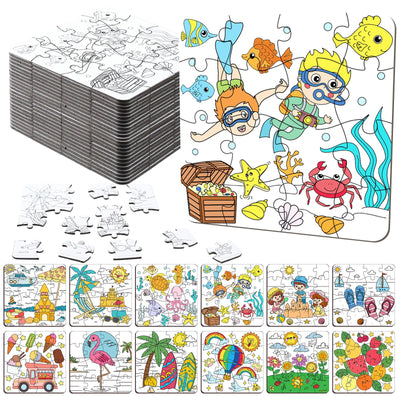Realspring 24 Pack Color Your Own Jigsaw Puzzles for Kids 3-5, 4-6, 6-8, Coloring Crafts DIY Paper Puzzles Party Favors Gifts for Toddler Children Learning Education Toys(Summer)