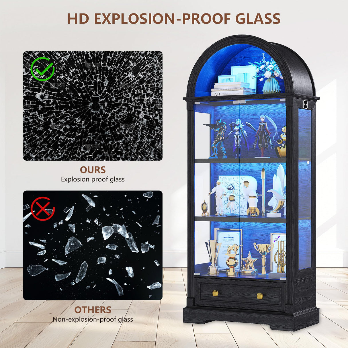 Display Cabinet with Glass Doors, 72" Tall Arched Curio Cabinet with Human Sensor Lights, 4-Tier Glass Display Case for Collectibles Bookcase Living Room Office, Black TAGELIER