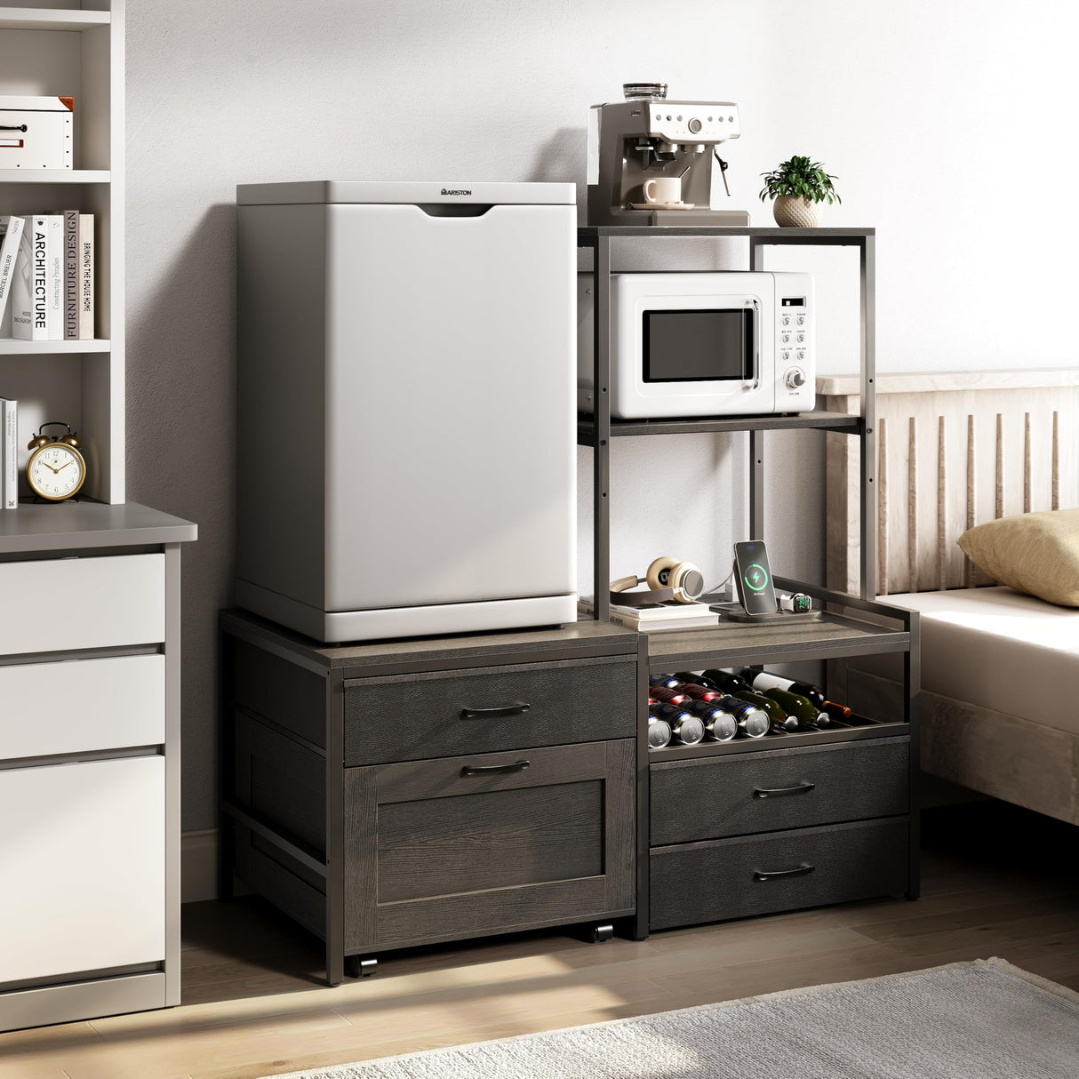 Herture Mini Fridge Stand with Wine Rack, Kitchen Bakers Rack with Power Outlet, Microwave Oven Stand, Coffee Bar, Movable Drawers, for Dorm,Office, Black HB04BXB Herture