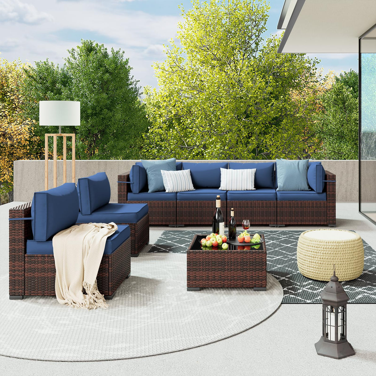 Amopatio Patio Furniture Set 7 Pieces Patio Conversation Set Outdoor Sectional Wicker Rattan Sofa with All-Weather Cover, Patio Furniture with Pillows Fits Porch Garden Backyard Balcony (Navy) Amopatio