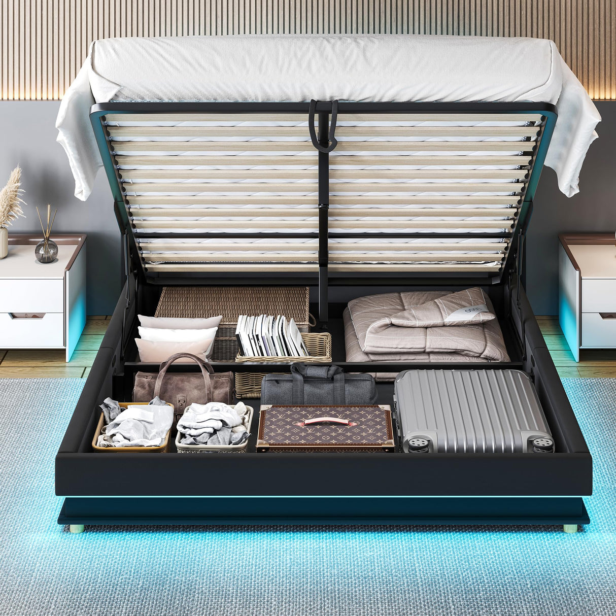 Ailisite Lift Up Storage Bed Full, Bed Frame Full Size with Charging Station & Led Lights, Upholstered Storage Bed with Wingback 2-Tier Bookcase Headboard, Hydraulic Lift, No Box Spring Needed,Black Ailisite