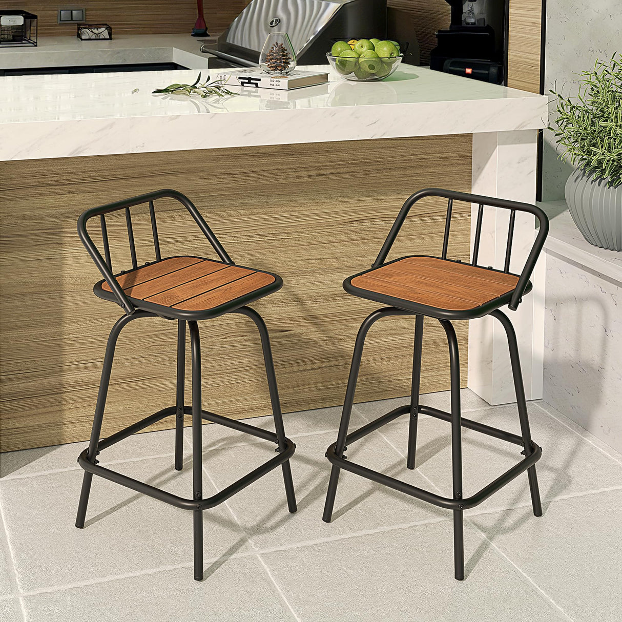 YITAHOME 24 Inches Swivel Bar Stools Set of 2, Counter Height Barstools Platic Wooden Seat with Backrests and Footrest, Industrial Metal Bar Stools for Outdoor Patio Home Kitchen YITAHOME