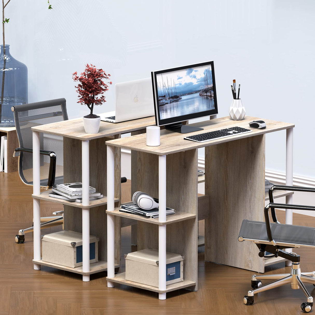 SHW Home Office Wood Desk with Double Sided Shelves, Oak SHW