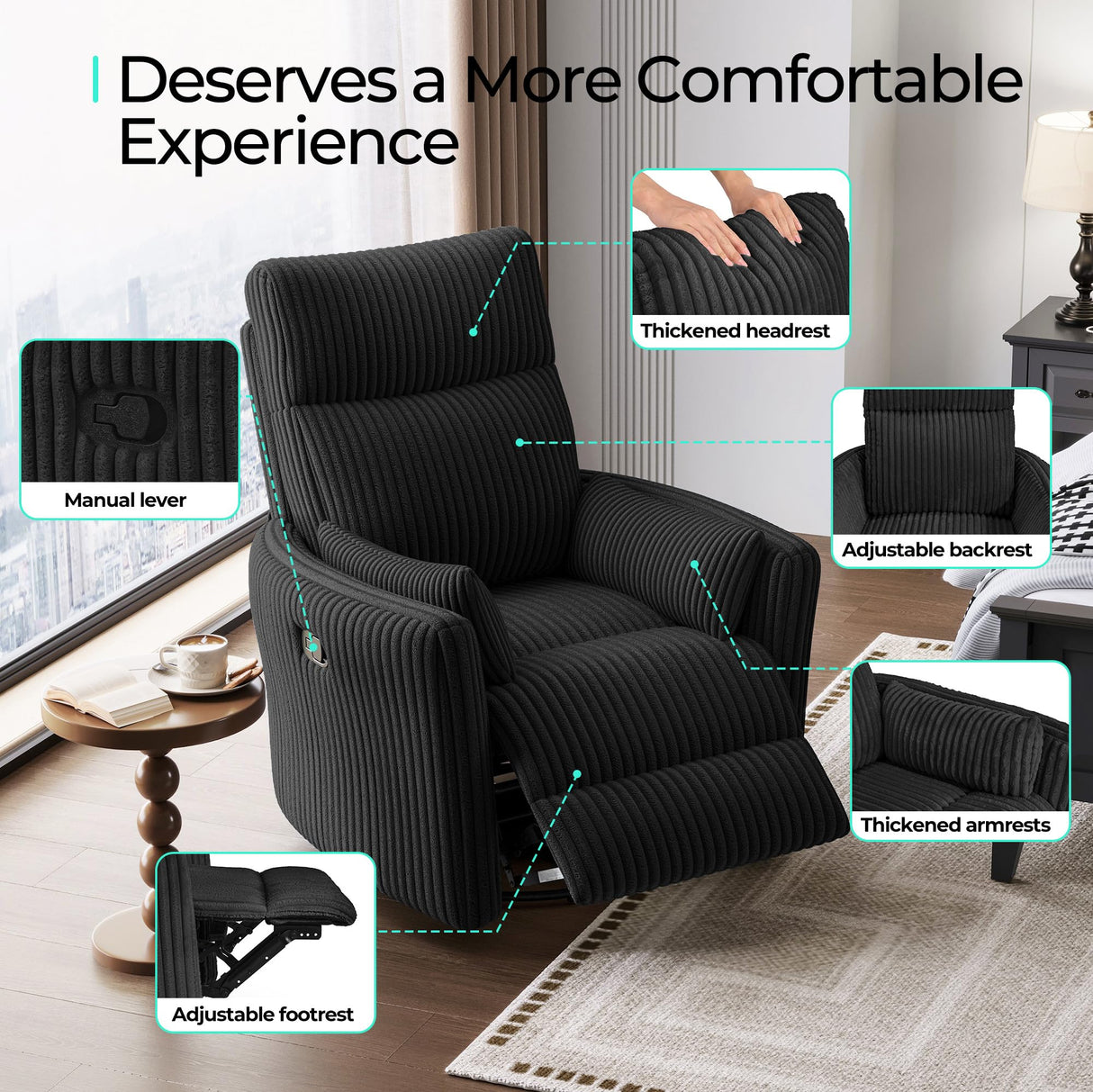 LINSY 360 Swivel Recliner Chair - Corduroy Nursery Glider Rocking Chair with 2 Pillows, Comfy High Back Adult Recliner for Small Spaces, Nursery Bedroom Living Room Reclining (Black) LINSY