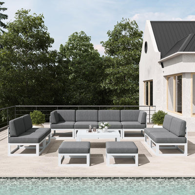 LayinSun 11 Pieces Modern Aluminum Patio Furniture Set with Coffee Table, Outdoor Modular Sectional Conversation Set L-Shaped Sofa for Backyard