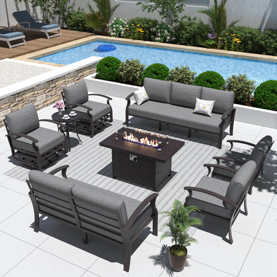 ALAULM Aluminum Patio Furniture Set with Propane Fire Pit Table 9-seat Metal Outdoor Furniture w/Fire Pit Patio Sectional w/5.1" Cushions for Patio, Backyard, Poolside-Grey