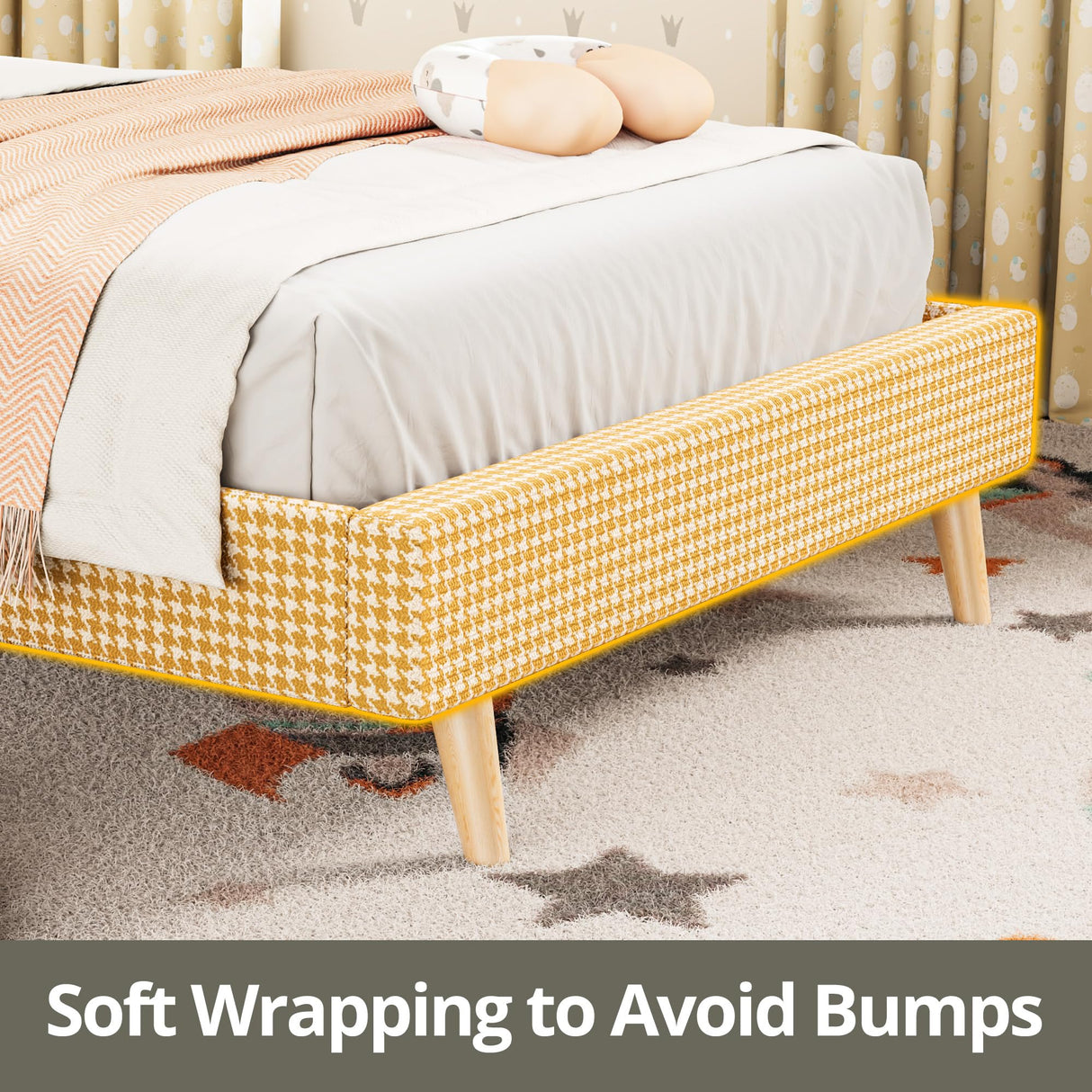 LIKIMIO Twin Size Bed Frame with Headboard, Fully Cotton Upholstered Foundation, Wooden Slats Support, Noise Free, No Box Spring Needed, Easy Assembly, Rustic Yellow and White Checkered LIKIMIO