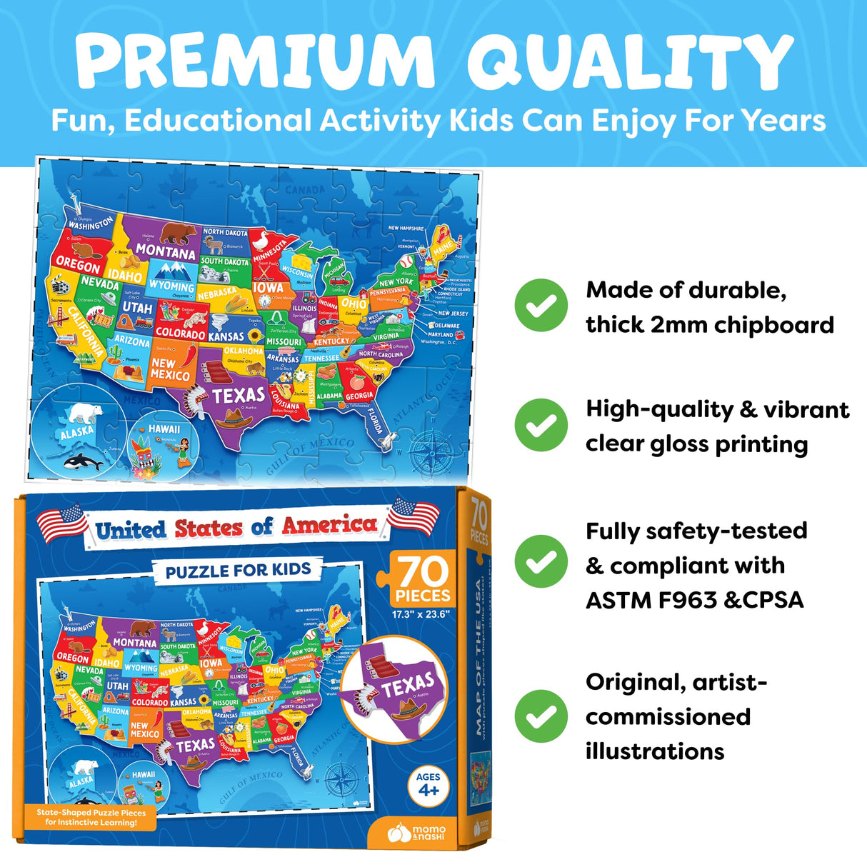 United States Puzzles for Kids Ages 4-6 - Educational Toys for Boys & Girls - 70Pcs USA Map Kids Puzzle with 50 States & Capitals - Christmas Gifts for Kids - Floor Jigsaw Puzzles Momo & Nashi