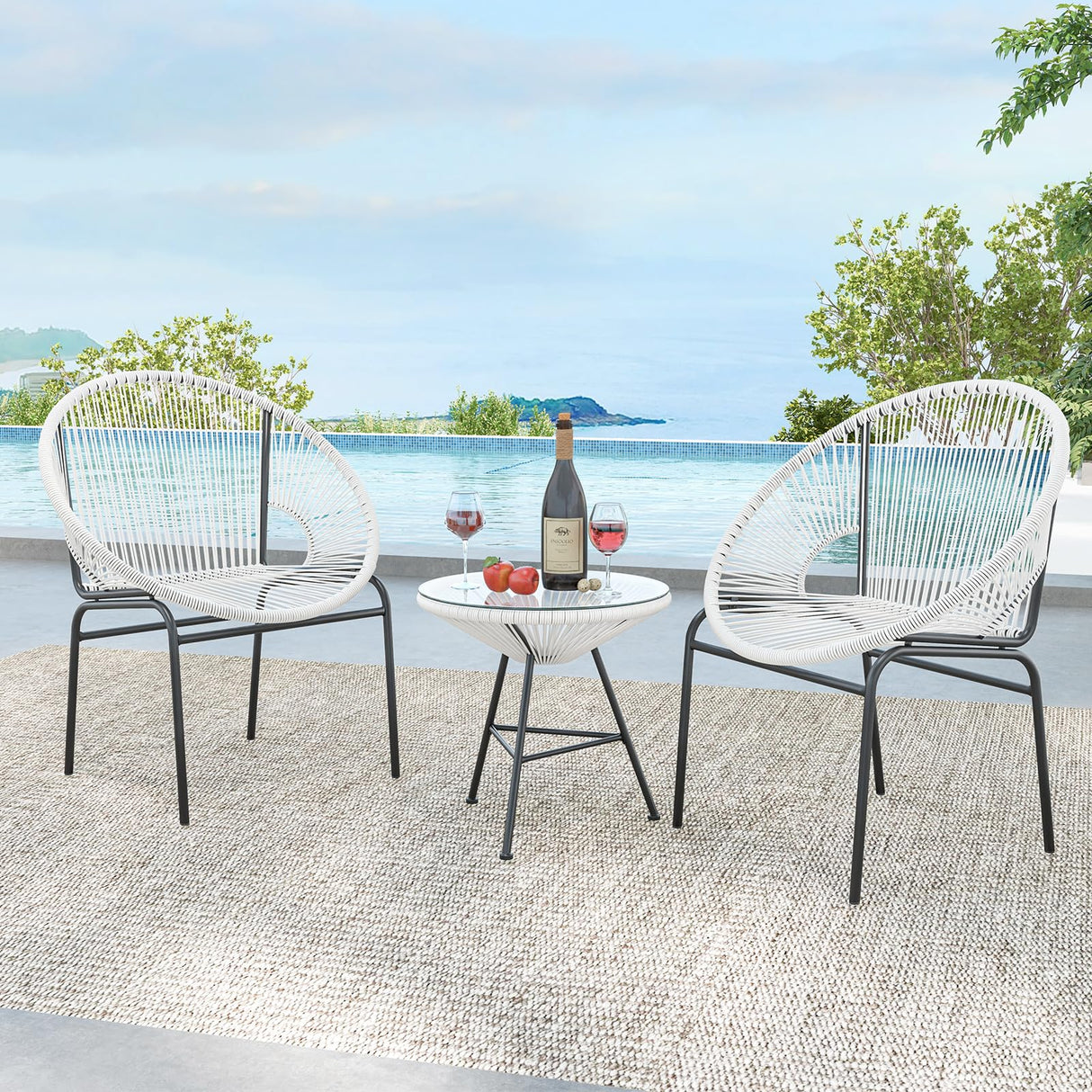 Tangkula 3 Piece Outdoor Patio Furniture Set, Acapulco Chair Set w/Plastic Rope, Tempered Glass Table, All Weather Patio Bistro Set for Patio, Lawn, Garden, Backyard Tangkula