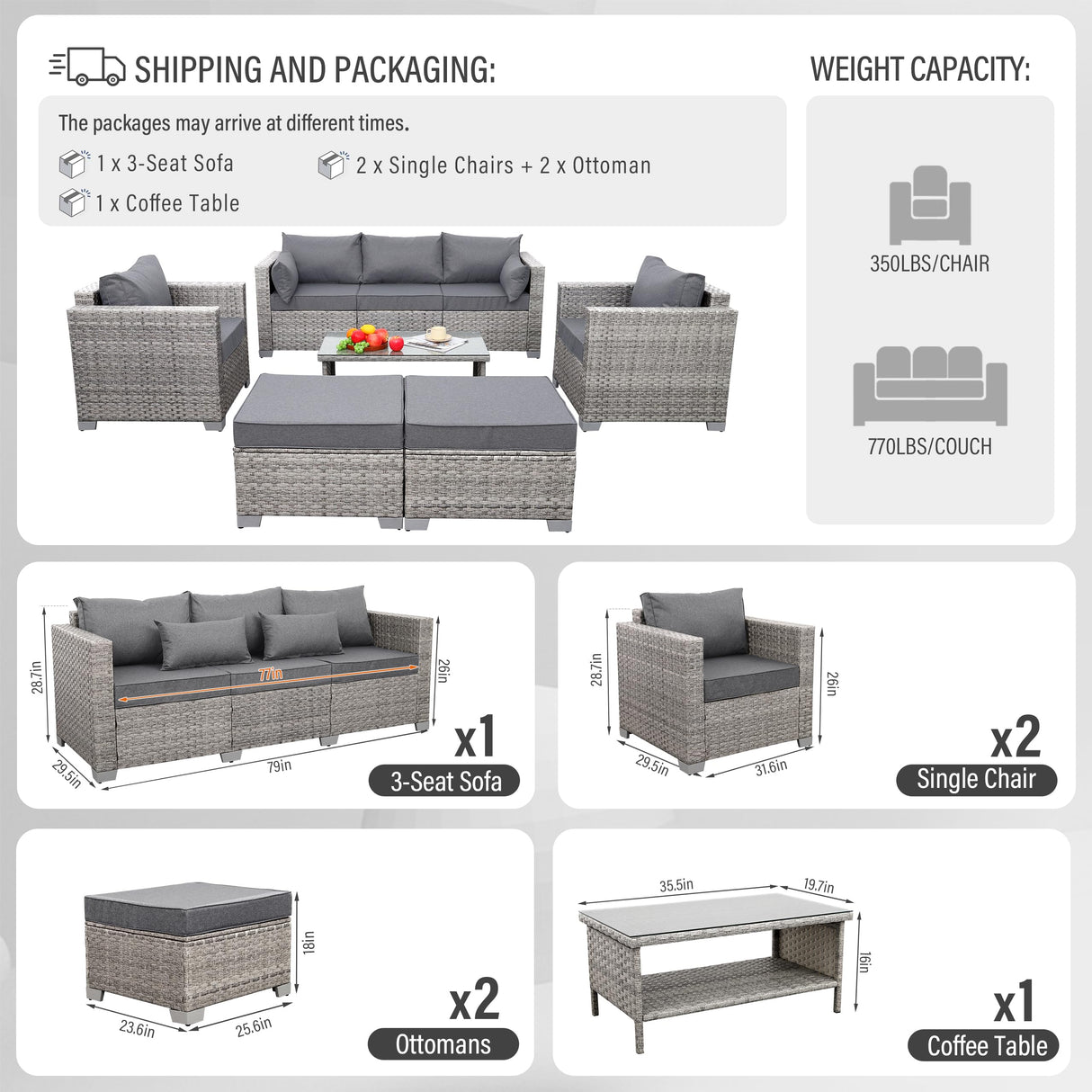 WAROOM Patio Furniture Set 6 Piece Outdoor Patio Set Grey Wicker Balcony Furniture Conversation Sets PE Rattan Couch Sofa with Coffee Table, Grey Cushion WAROOM