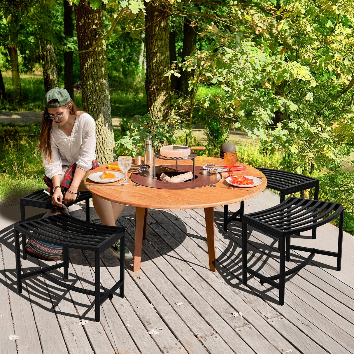 VINGLI Outdoor Metal Curved Bench, Weatherproof Fire Pit Bench Set of 4, Heavy Duty Steel Backless Benches, Metal Outside Seating for for Garden, Patio, Plant Stand and Holder VINGLI