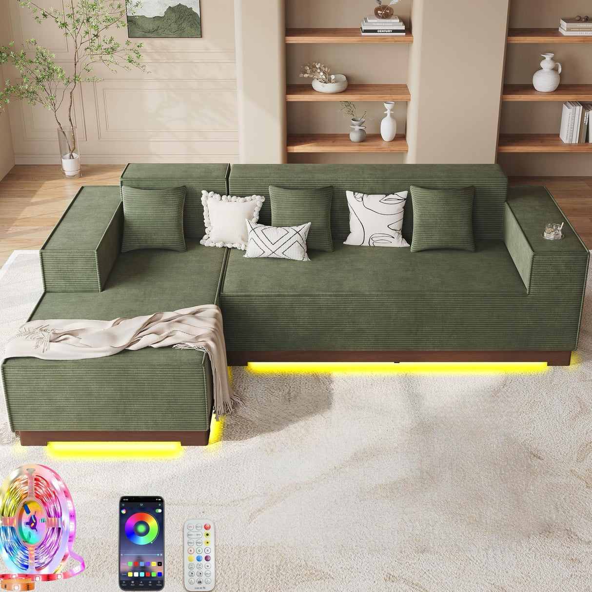 LIKIMIO 110” L-Shaped Sofa with LED Lights, Cloud Boneless Couch with Oversized Chaise, Deep Seat, Built-in Holder & Storage Pocket, Upholstered Couches for Living Room and Apartment, Green LIKIMIO