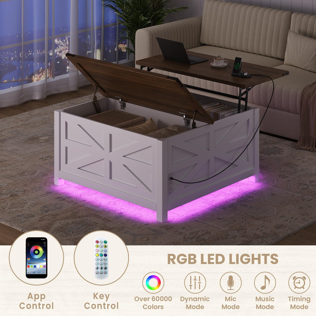 Seetech 35.8" Led Coffee Table with Lift Top Storage,Farmhouse Coffee Table for Living Room, Square Coffee Tables with Large Hidden Storage Compartment,AC Outlet and Adjustable Shelves,White Seetech