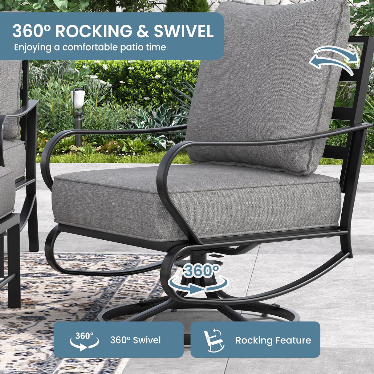 Amopatio Patio Furniture Set, Outdoor Furniture Set with Swivel Chair, 5 Pieces Patio Conversation Sets with 5.75" Extra Thick Cushion Include Waterproof Covers for Poolside Deck, Grey Amopatio