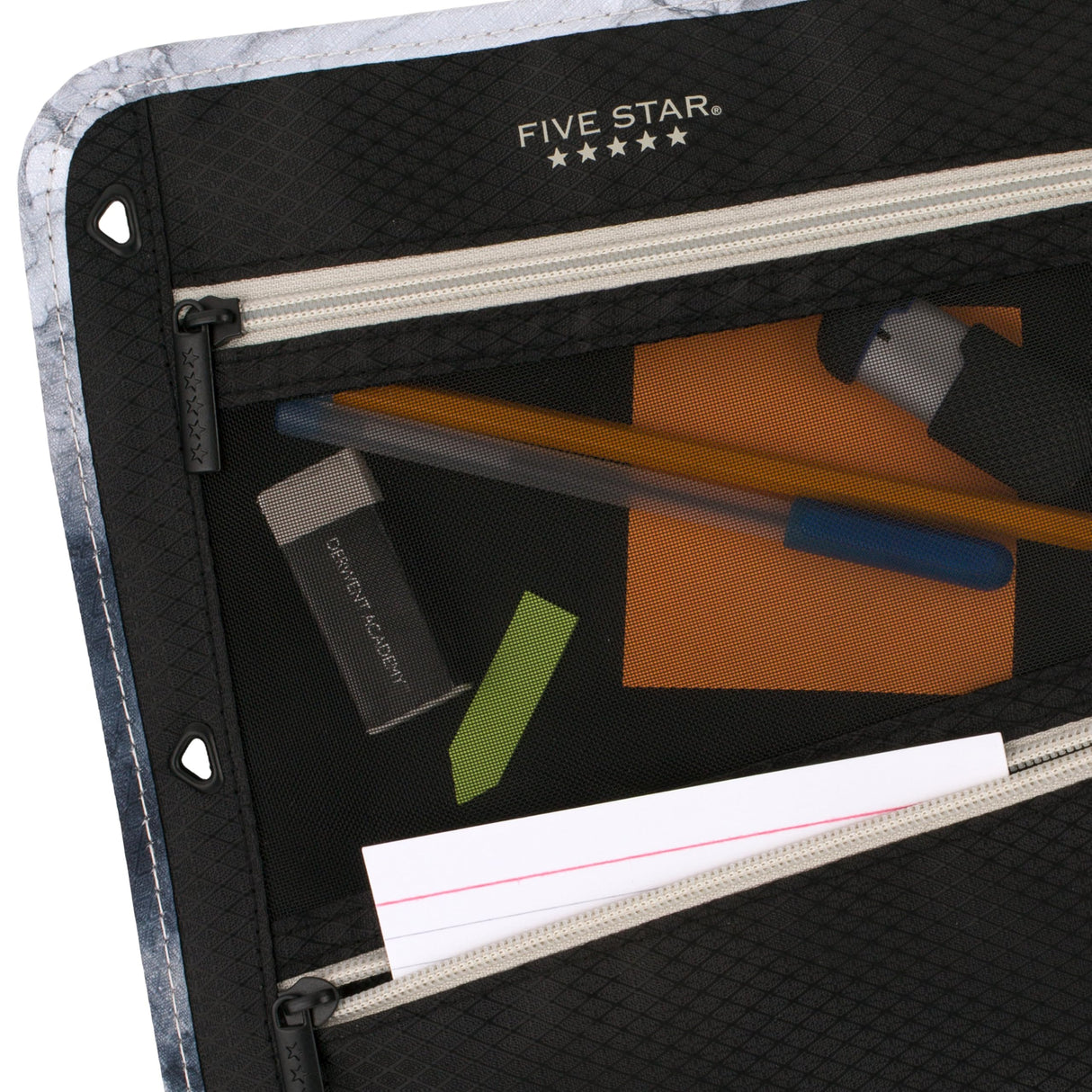 Five Star Pencil Pouch, Pen Case, 3-Pocket Zipper Pouch, Fits 3-Ring Binder, Storage Organizer for Classroom Supplies Earbuds Chargers Cables Makeup, Black/Grey (506420A-ECM) Five Star