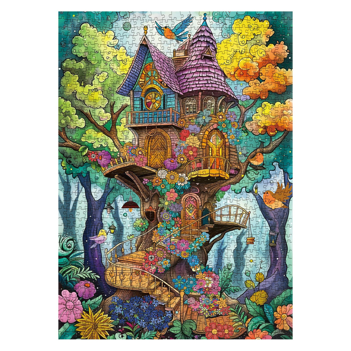 Magic Fantasy Treehouse Puzzles 1000 Piece for Adults, Nature Funny Tree Jigsaw Puzzle, Colorful Flower Plant Puzzle BBOLDIN
