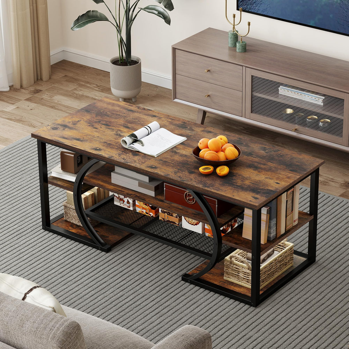 YITAHOME Rustic Coffee Table with Storage 5 Tier Center Living Room Table, 47" Farmhouse Wood Rectangle Cocktail Tea Table, Modern Industrial Accent Table w/Arched Metal Frame for Home Decor, Brown