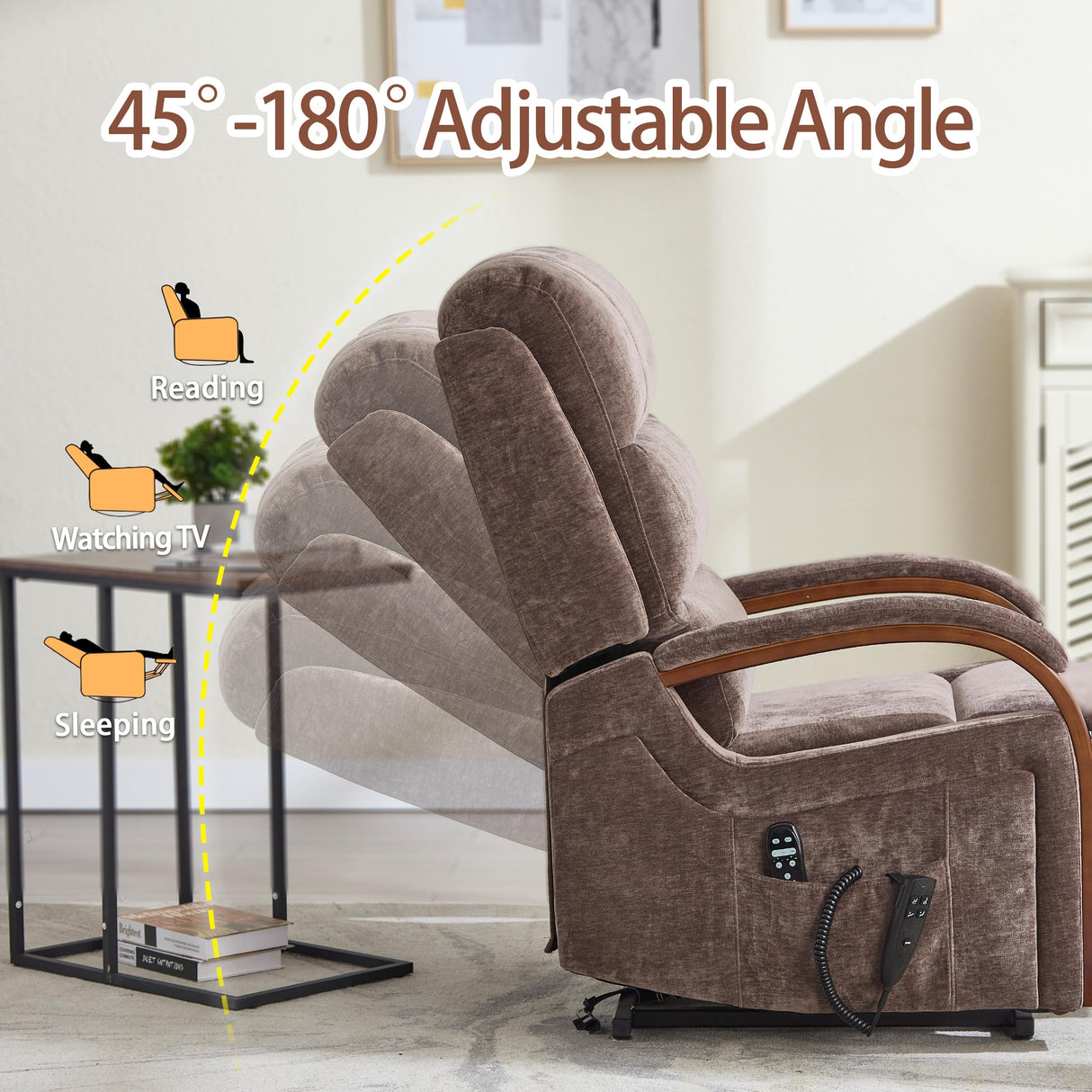 Power Lift Recliner Chair for Elderly People, Dual Motor Lift Chair with Vibration Massage and Heat, Lay Flat Recliner with Solid Wood Armrest, Standing Assistance Reclining, Chenille Fabric Brown EZZUP