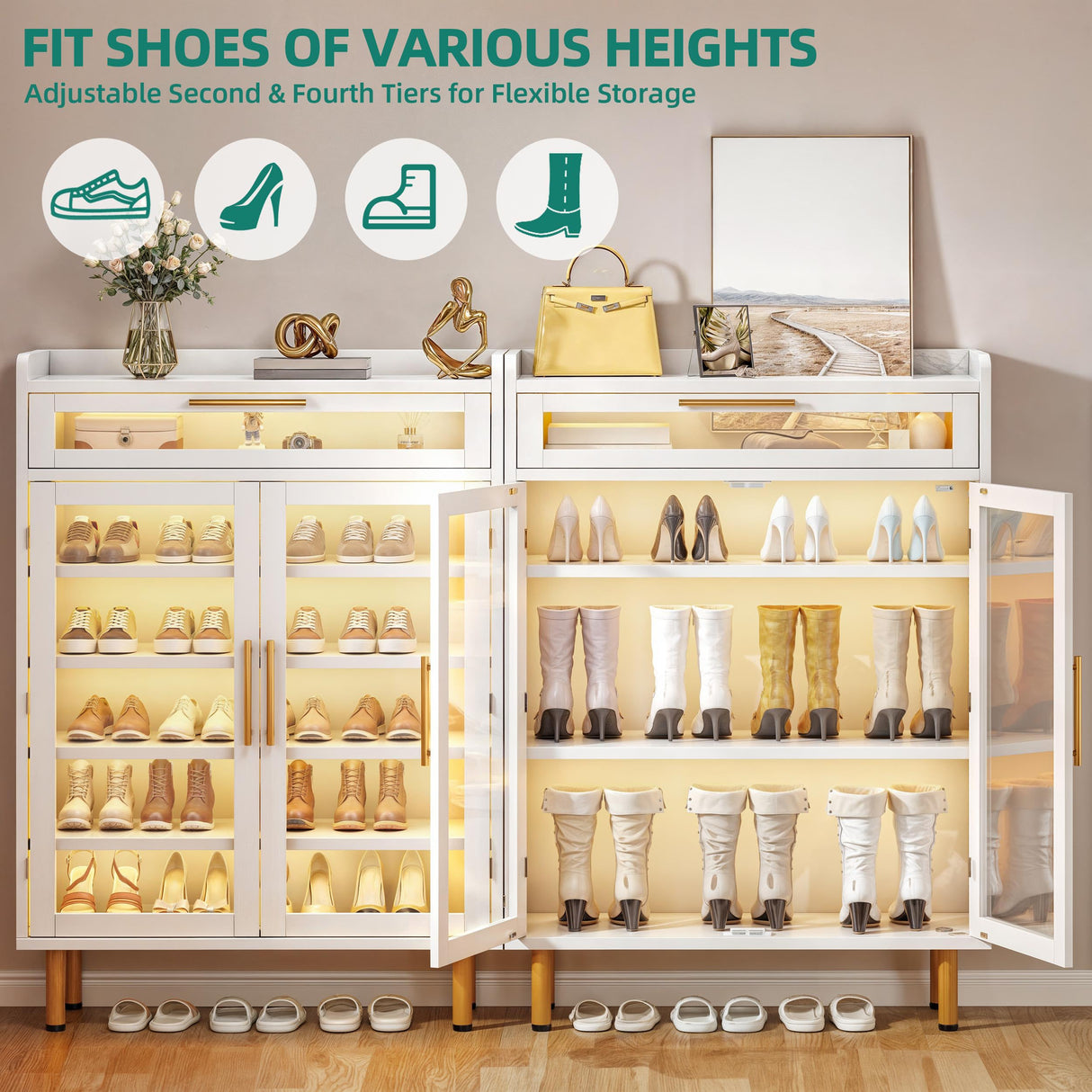 YITAHOME Shoe Cabinet Entryway, Modern Shoe Storage Wooden with Drawer and LED Lights, Freestanding Shoe Organizer Narrow Farmhouse Shoe Cabinet for Living Room, White-LED YITAHOME