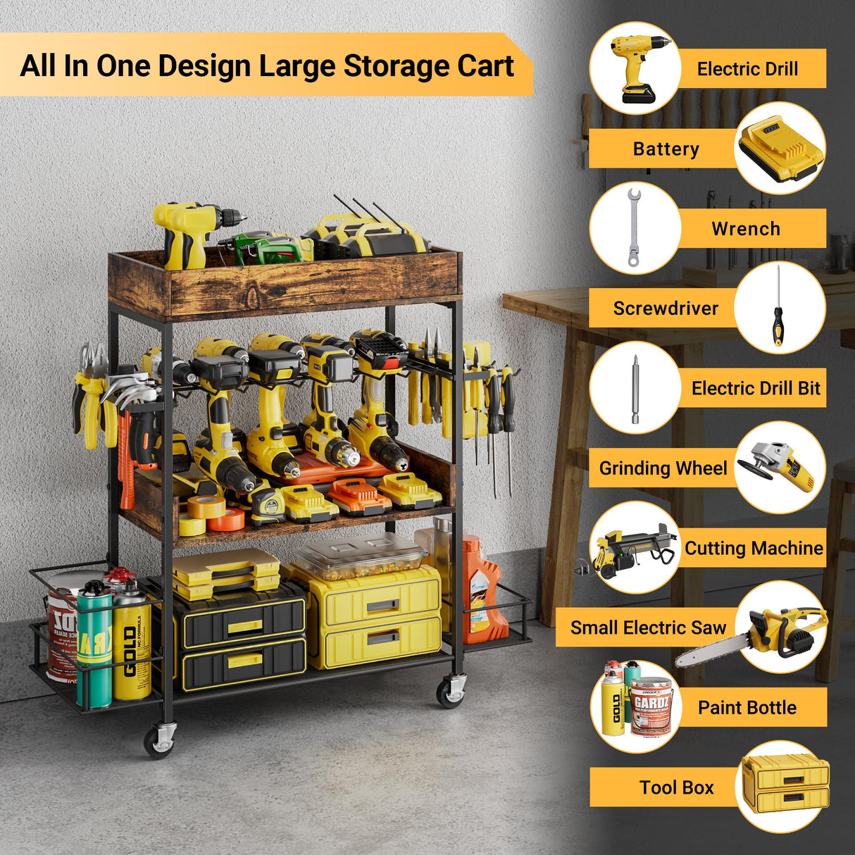 Dunatou Power Tool Organizer Cart Heavy Duty 4 Tier Rolling Tool Cart Garage Storage with Drill Rack Shelf Open Tool Chest Organizer with Wheels Workshop and Garage Ideas for Men or Dad Dunatou