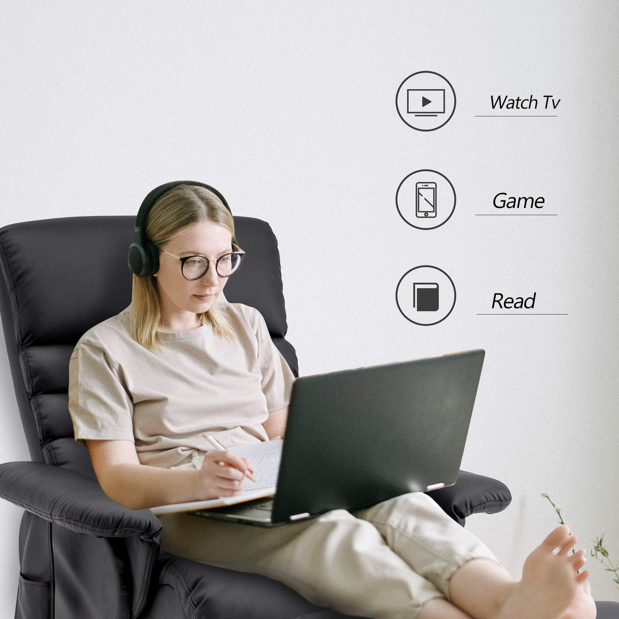 MCombo Recliner with Ottoman, Reclining Chair with Massage, 360 Swivel Living Room Chair Faux Leather 7902 (Black) MCombo