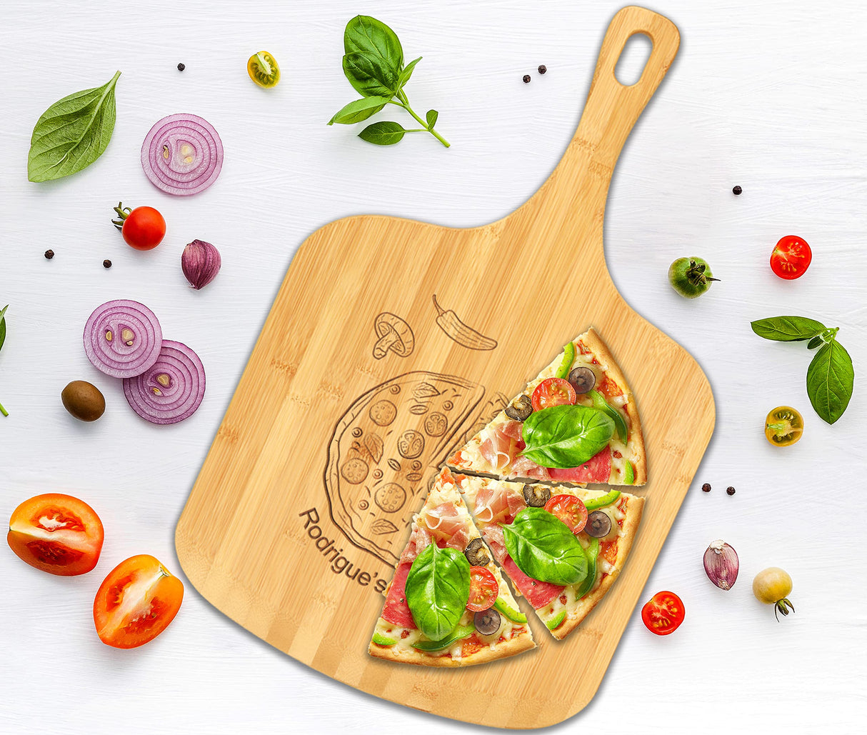 Personalized Bamboo Pizza Board with Handle Customized Wood Serving Cutting Pizza Board with Engraved Custom Name Monogram – Wedding, Anniversary, Housewarming, Birthday, Mom, Dad Gift WoodArtSupply