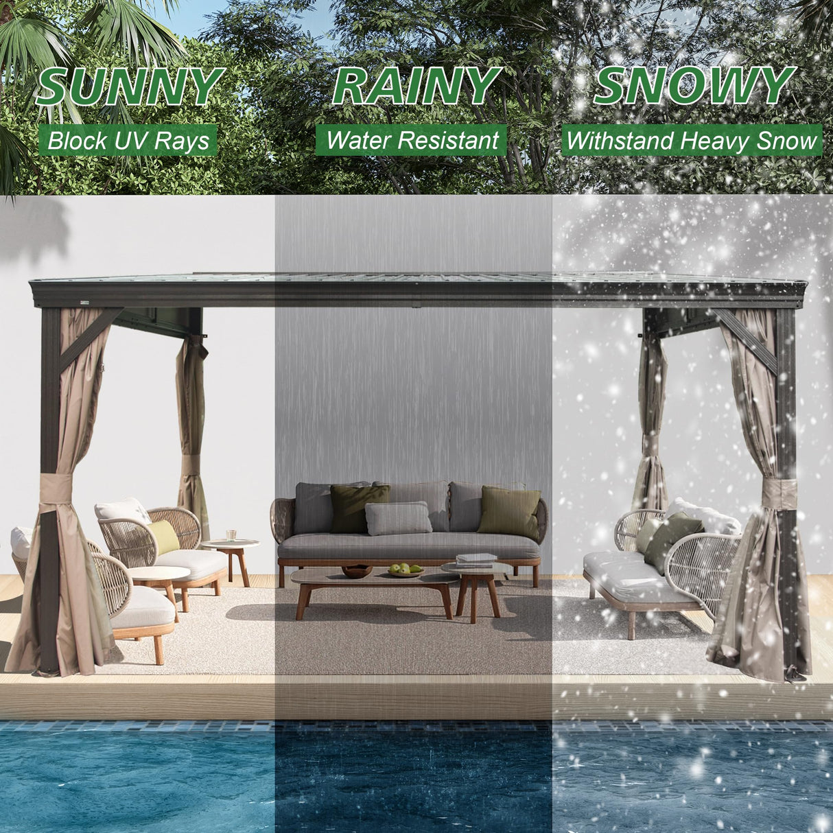 SHPAI 10’ x 12’ Lean to Gazebo, Outdoor Wall Mounted Gazebo Aluminum Frame, Hardtop Pergola with Galvanized Steel Sloping Roof for Patio Deck Garden Backyard, Curtain and Netting Included SHPAI