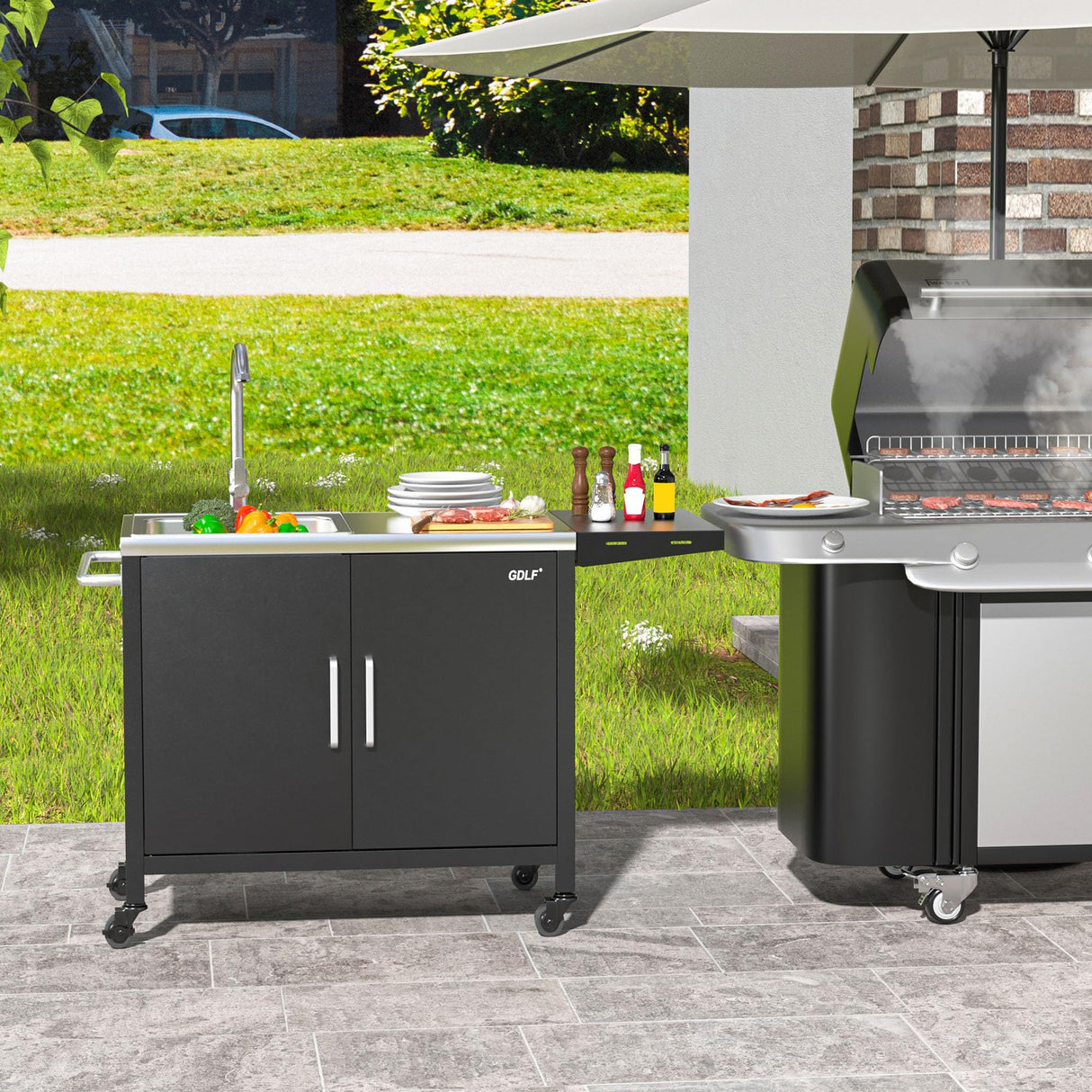 GDLF Outdoor Grill Table with Sink,Metal Grill Cart, Outdoor Kitchen Island with Stainless Steel Sink,L57*W21.65 GDLF