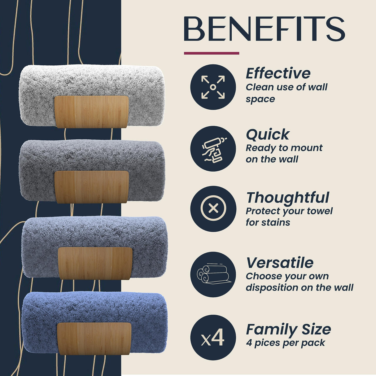 AURA NEST Set of 4 Towel Holder for Bathroom Wall, Modern Bamboo Wall Towel Rack for Rolled Towels, Sturdy Space-Saving Hanging Wood Towel Rack, Effective and Versatile for Spa, Guest Bath, Blanket AURA NEST