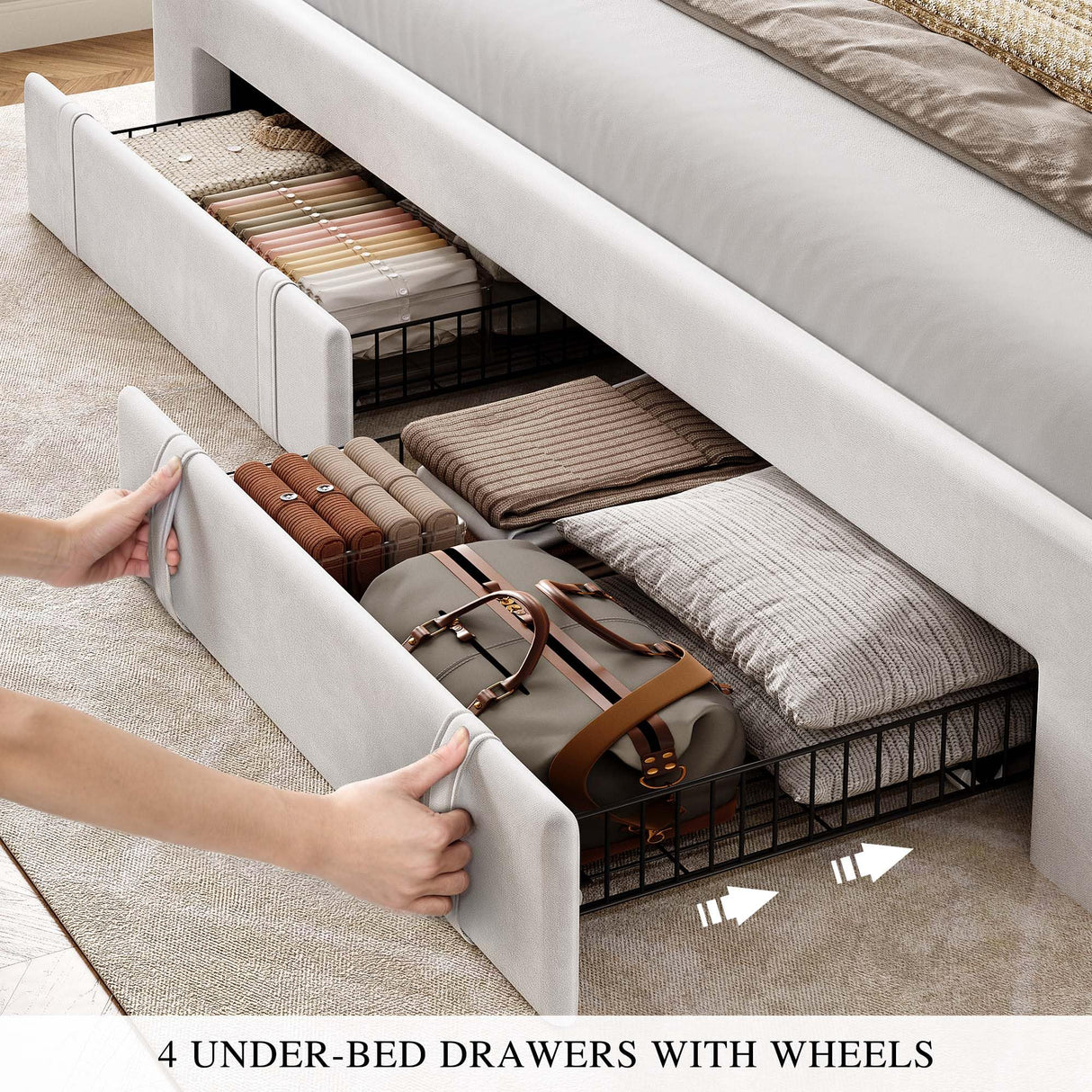 YITAHOME Queen Size Bed Frame with Adjustable Headboard, 4 Storage Drawers and RGB LED Lights, Velvet Upholstered Platform Bed with USB Ports, No Box Spring Needed, Fast Assembly, Noise-Free, White YITAHOME