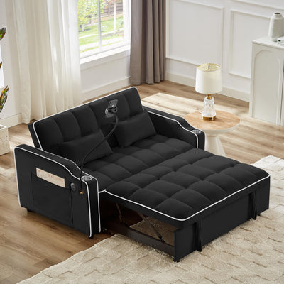 KEIKI 55" Velvet Convertible Loveseats Pull-Out Sleeper Sofa Bed with Adjsutable Back, 2 Arm Pocket, USB, 2-Seater Couch with Ashtray and Swivel Phone Stand, Easy Assembly, for Living Room, Black