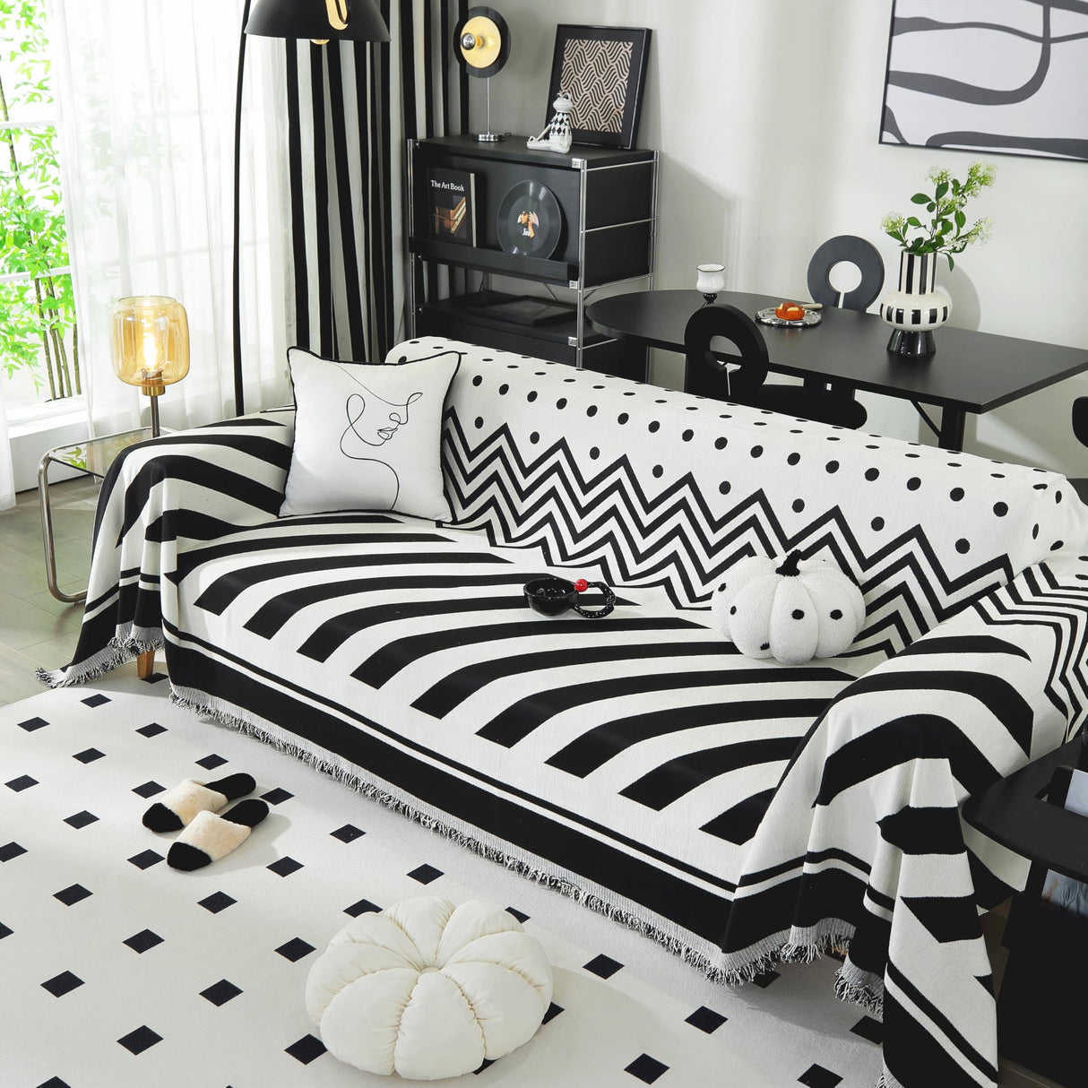 Tritard Boho Couch Cover Reversible Striped Sectional Couch Covers Black White Sofa Loveseat Covers Chenille Cushion Covers with Tassel Washable Couch Protector for Dogs Pet Futon Cover (71"-134") Tritard