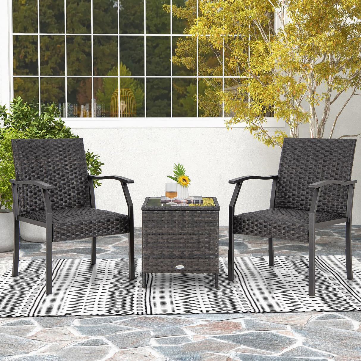 Tangkula 3 Pieces Patio Wicker Chair Set, Waterproof All Weather Resistant Heavy Duty Outdoor Conversation Set with Quick Dry Foam Seating, for Poolside, Backyard, Garden (Mix Brown) Tangkula