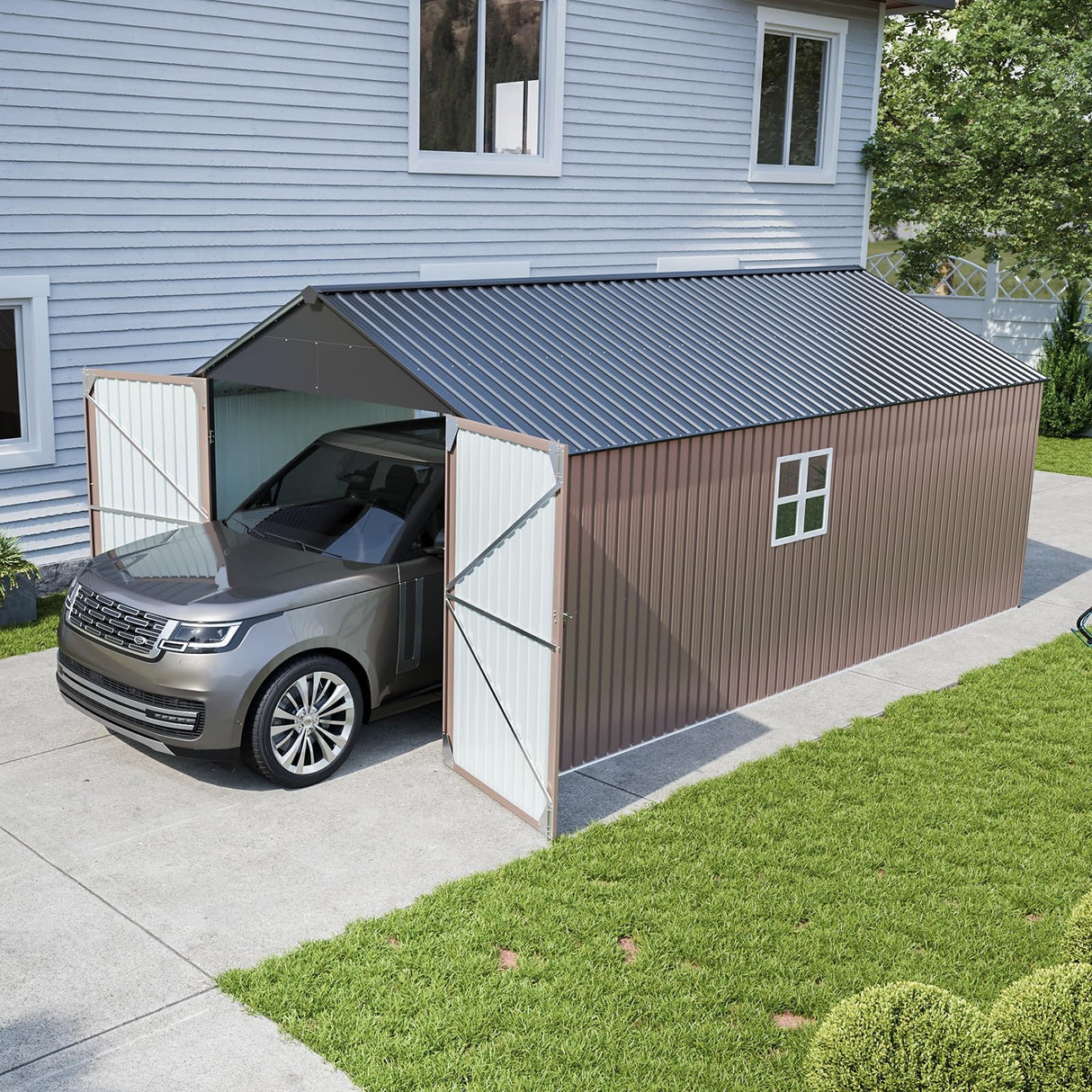 Breezestival 12x20ft Metal Carport Shed, Triple Door Outdoor Storage Building with Car Port Entry & Side Door, 700 cu ft Utility Shed with 11" Snow Load Capacity for Garden, Vehicle, Bike Storage Breezestival