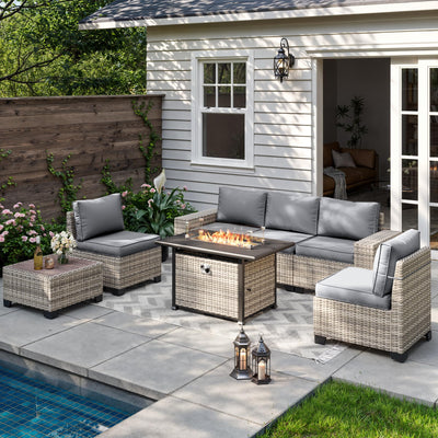 Muphyers 7-Piece Outdoor Patio Furniture Set with 55,000 BTU Fire Pit Table, PE Wicker Rattan Sectional Sofa Patio Conversation Set with Thickened Cushions & Coffee Table, Grey