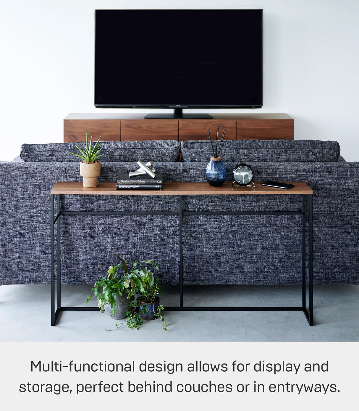 Yamazaki Home Long Console Entryway or Hallways, Narrow Behnd Sofa Table with Wooden Top | Steel, One Size, Black YAMAZAKI