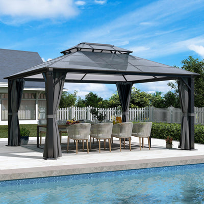 Raysfung Hardtop Gazebo 12' x 14', Patio Gazebos with Polycarbonate Double Roof & Steel Frame, Outdoor Pavilion with Gray Curtain&Netting for Backyard/Lawn/Garden/Deck