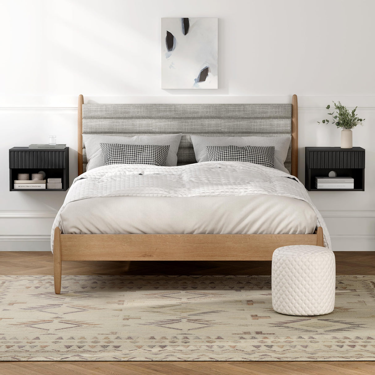 MoomJiee Floating Nightstands Set of 2 with Drawer and Open Shelf, Small Wall Mounted Bedside End Table, Modern Fluted Night Stand for Bedroom, Living Room, Black MoomJiee