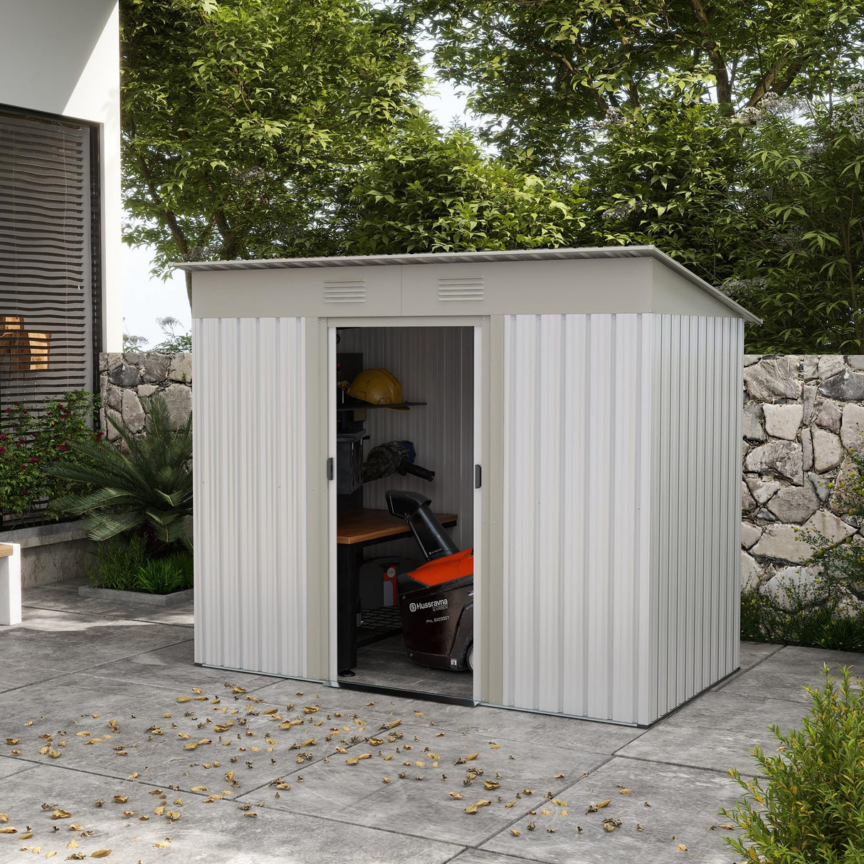 CHUNLY 7' x 4' Outdoor Storage Shed with Double Sliding Doors, Metal Lean to Garden Shed with 2 Air Vents, Tool House Outdoor Storage Room Lockable for Garden Patio Backyard Lawn Silver CHUNLY