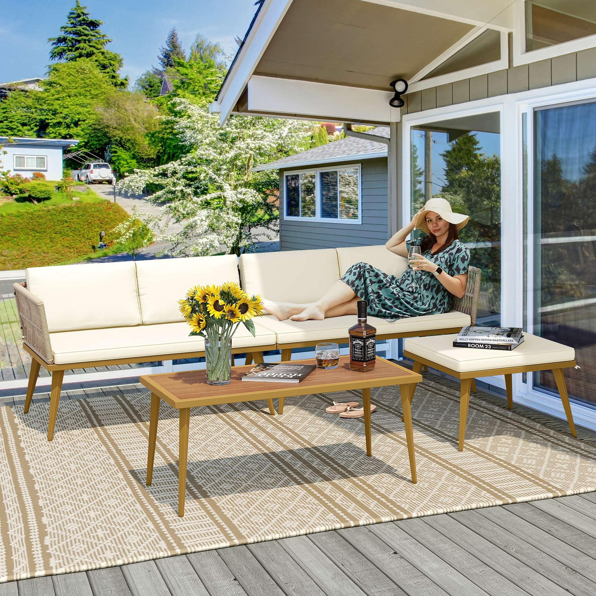 YITAHOME 4 Pieces Patio Furniture Set, Outdoor Rattan Woven Conversation Sectional L-Shaped Sofa with 5 Seater for Backyard, Porch, Boho Detachable Lounger with Cushions and Side Table - Beige YITAHOME